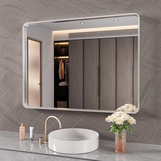 JISOSO Brushed Nickel Bathroom Mirror 40x36 Inch, Brushed Silver Metal Frame Mirror Wall Mounted, Rounded Rectangle Bathroom Vanity Mirror, Tempered Glass, Anti-Rust, Horizontal/Vertical - ModernBath