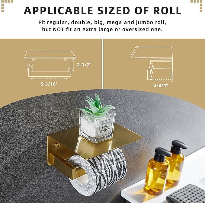 Angle Simple Toilet Paper Holder with Shelf, 304 Stainless Steel Bathroom Tissue Roll Holder for Wall, Brassy Gold - ModernBath