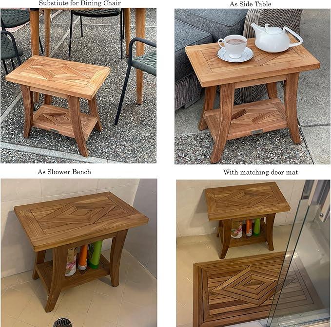 Bayview Patio Nautica Teak Shower Bench with Shelf, Shower Stool for Bath Tub or Spa or Sauna, Shower Bench for Elderly, Indoor, Outdoor Bathroom Stool Bench, Shower Seat, Teak Side End Table - ModernBath