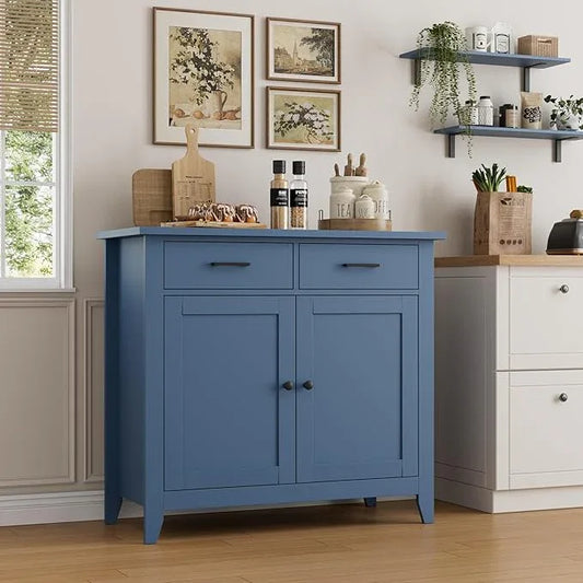 HORSTORS Kitchen Storage Cabinet, Modern Farmhouse Buffet Cabinet with Storage, Coffee Bar with 2 Drawers and 2 Doors, Floor Sideboard Buffet for Living Room, Dining Room, Bathroom, Blue - ModernBath