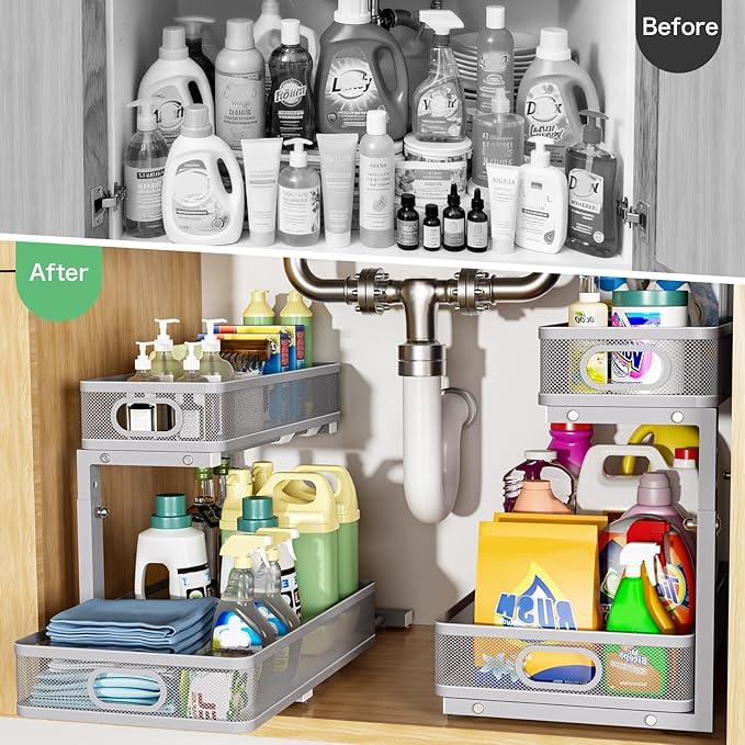 Under Sink Organizer, High Adjustable 2 Tier Under Sink Organizers and Storage, Slide Out Metal Cabinet Organizers, Pull Out Sink Storage Drawer Shelf for Kitchen Bathroom Cabinet, Grey, 1 Pack - ModernBath