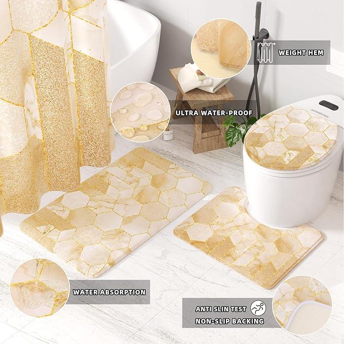 XLHOMO Bathroom Sets with Shower Curtain and Rugs - 4PC Beige Geometric Shower Curtain Set with 12 Hooks, Toilet Cover, U-Shaped Mat and Rugs Modern Abstract Bathroom Accessories for Bathroom - ModernBath