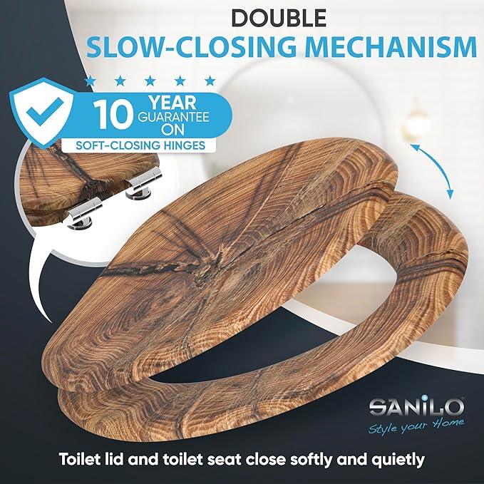 SANILO Wooden Toilet Seat with Soft Close [ELONGATED] - Decorative, Quiet & Slow Close Molded Wood Seat - With Strong Bumpers & Hinges - Adjustable Fit - Old Tree - ModernBath