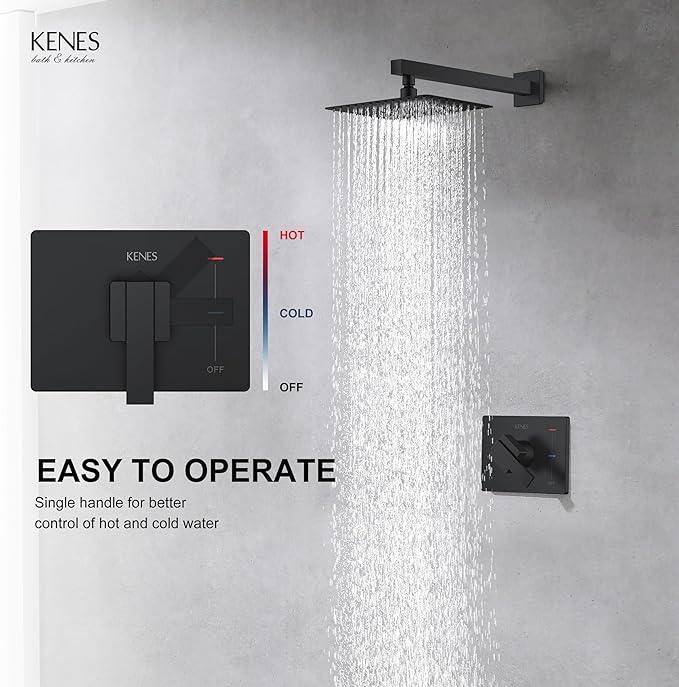 KENES Matte Black Shower Faucet with 10-Inch Shower Head and Handle Set, Square Shower Faucet Set Bathroom Rainfall Shower System Wall Mount, KE-6024B-2 (Shower Valve Included) - ModernBath