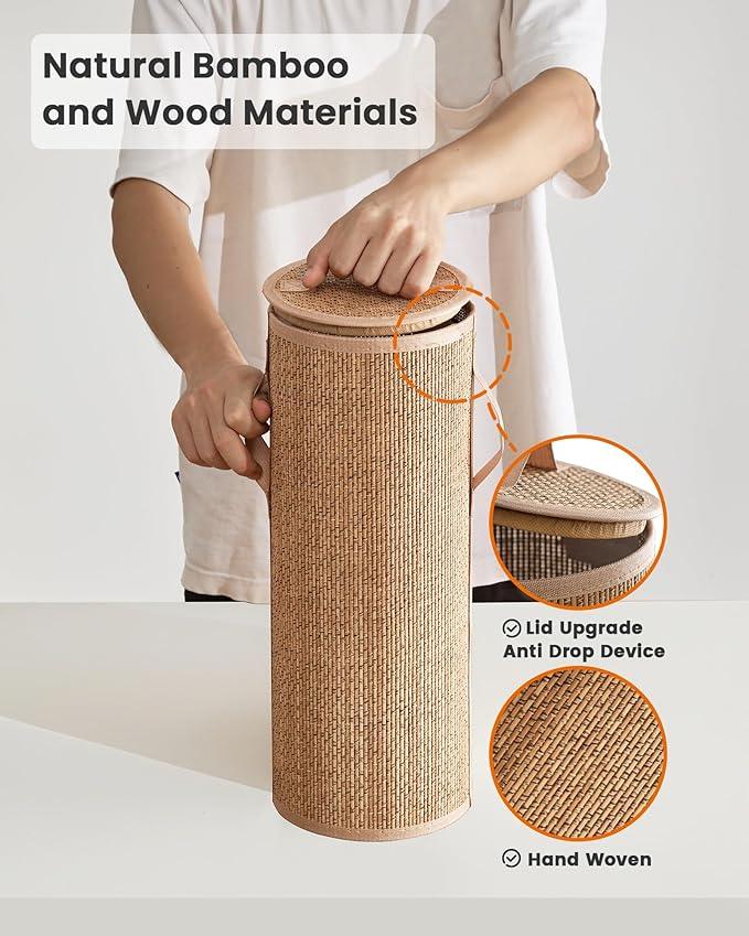 Bamboo Toilet Paper Storage Basket with Lid & Handle - 10L Handwoven Bathroom Organizer for 4 Rolls - Sturdy Stand Holder for Toilet Paper Organization, Carbon Brown - ModernBath
