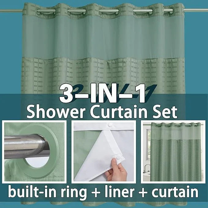 Conbo Mio Extra Wide No Hook Sage Green Shower Curtain with Snap in Liner Set, 108" x 74" Hotel Luxury Shower Curtains for Bathroom with See Through Top Window, Waterproof, Washable 108W x 74H - ModernBath