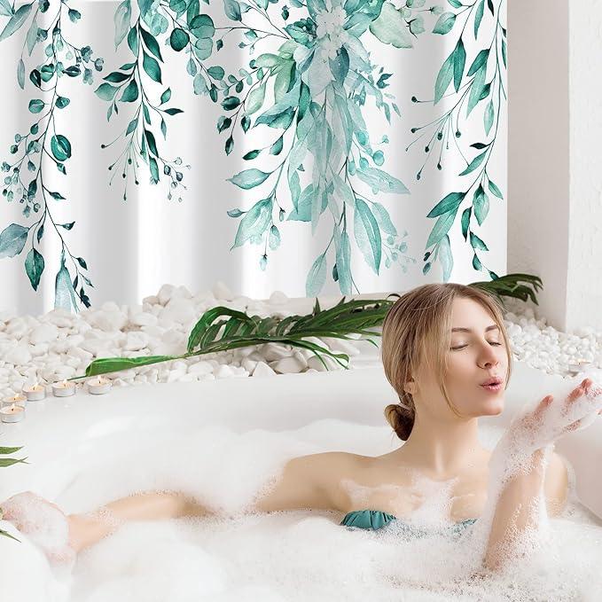 Gibelle Long Shower Curtain 72 x 78, Teal Floral Shower Curtain for Bathroom, Watercolor Plant Eucalyptus Leaves Fabric Shower Curtain Set - ModernBath