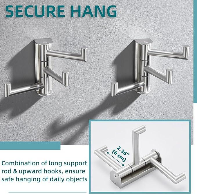 APLusee Swivel Towel Hook 2 Pack Brushed Nickel, 304 Stainless Steel Hook with Three Arms, Wall Mount - ModernBath