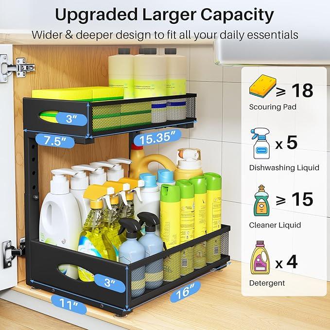 Under Sink Organizer, 2 Tier Pull Out Under Cabinet Organizer Shelf with Pad for Framed Cabinets, Metal Slide Out Under Sink Storage, Mesh Sliding Drawers for Kitchen Bathroom Laundry(Black, 1 Pack) - ModernBath