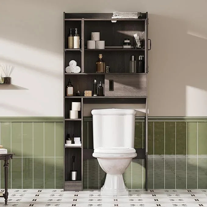 ChooChoo Over The Toilet Storage Cabinet, Farmhouse Bathroom Storage Cabinet with Sliding Door, Over Toilet Storage with Adjustable Shelves, Space-Saving, Grey - ModernBath