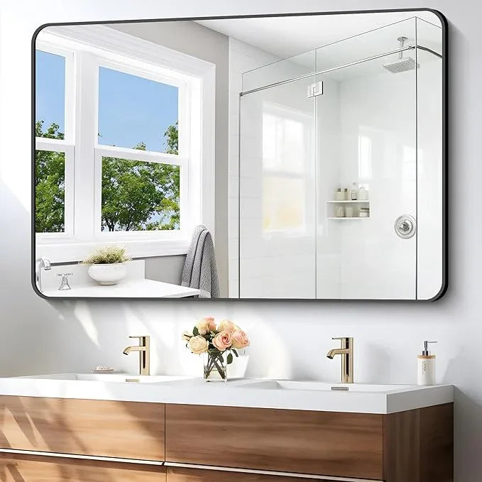 55x36 inch Bathroom Mirror,Black Rectangle Mirror,Wall Mounted Bathroom Frame Vanity Mirror with Round Corner for Bedroom Living Room, Entryway Hangs Horizontal or Vertical - ModernBath
