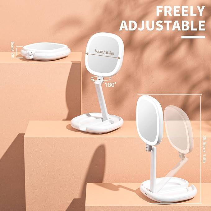 Beautifive 6.3” Makeup Mirror with Light and Magnification, 10X/1X Light Up Makeup Mirror Lighted Make Up Mirror with Adjustable Height Double Sides Folding Magnifying Mirror with Light - ModernBath