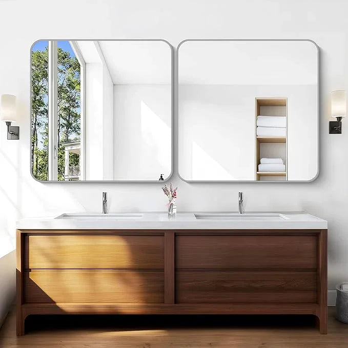 CIVENO Silver Bathroom Mirror, 42 x 42 Inch Silver Square Mirror, Metal Framed Rectangular Vanity Mirror, Rounded Corner Wall Mounted Mirror for Living Room Bedroom Entryway Hangs Horizontal/Vertical - ModernBath