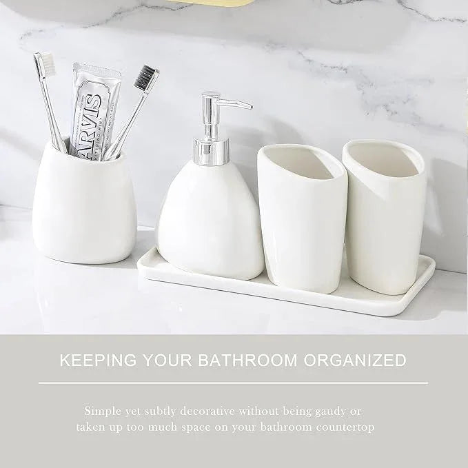 BLBYHO Ceramic Bathroom Accessory Set with Ceramic Tray, 6 Pieces Bathroom Countertop Accessory Set, Include Soap Dispenser, Toothbrush Holder, 2 Tumbler, Soap Dish, Vanity Tray,White - ModernBath