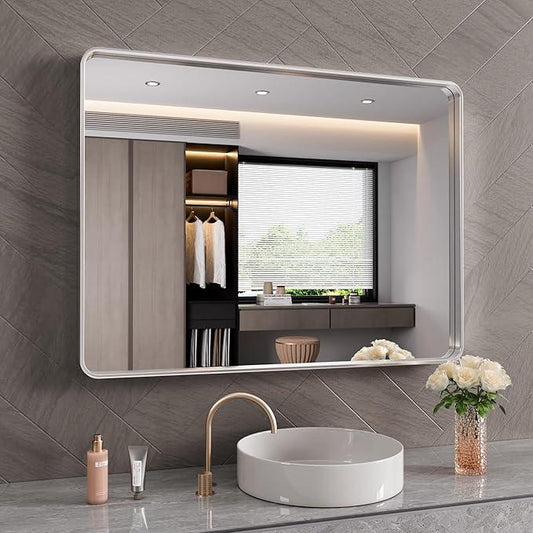 JISOSO Brushed Nickel Bathroom Mirror 48x40 Inch, Brushed Silver Metal Frame Mirror Wall Mounted, Rounded Rectangle Bathroom Vanity Mirror, Tempered Glass, Anti-Rust, Horizontal/Vertical - ModernBath