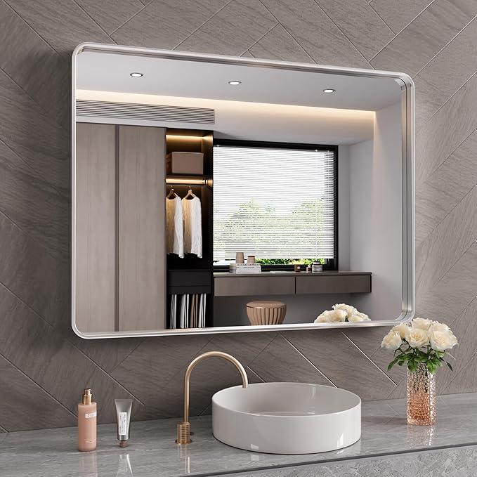 JISOSO Brushed Nickel Bathroom Mirror 48x32 Inch, Brushed Silver Metal Frame Mirror Wall Mounted, Rounded Rectangle Bathroom Vanity Mirror, Tempered Glass, Anti-Rust, Horizontal/Vertical - ModernBath