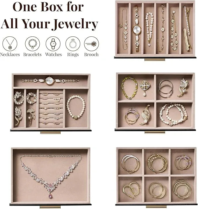 pickpiff Jewelry Box Organizer Case for Women: 5-Layer Jewelry Storage Case with Glass Window, Black Leather with Blush Velvet, Holder for Ring Necklace Bracelet Brooch Watch, Great Gift for Her - ModernBath