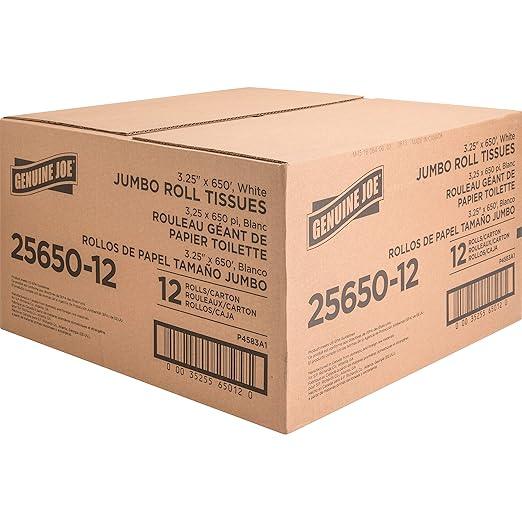 Genuine Joe Jumbo Roll Bath Tissue - 2-Ply White Toilet Paper, 3.3" x 650' per Roll, 12 Count Bulk Pack, Recycled Fiber, Commercial Grade for Dispensers - ModernBath