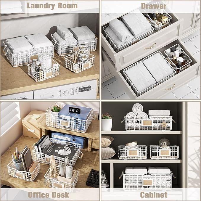 Bathroom Organizers and Storage, 4 Pack Storage Baskets for Shelves, Multipurpose Bins Organizer with Wooden Handles, Decorative Organizer Baskets Set for Bathroom, Laundry, Living Room - White - ModernBath