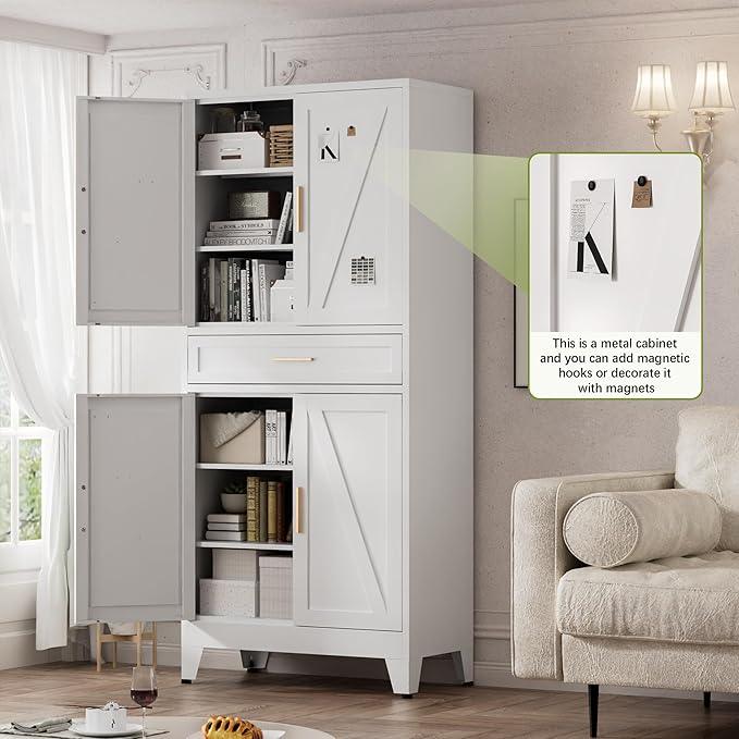 COFaR 71" Tall Kitchen Pantry, Farmhouse Storage Cabinet with Doors and Shelves, Metal Cabinet with Drawers and Legs, for Cupboard/Dining Room/Bathroom/Living Room/Office/Laundry Room (White). - ModernBath