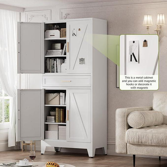COFaR 71" Tall Kitchen Pantry, Farmhouse Storage Cabinet with Doors and Shelves, Metal Cabinet with Drawers and Legs, for Cupboard/Dining Room/Bathroom/Living Room/Office/Laundry Room (White). - ModernBath