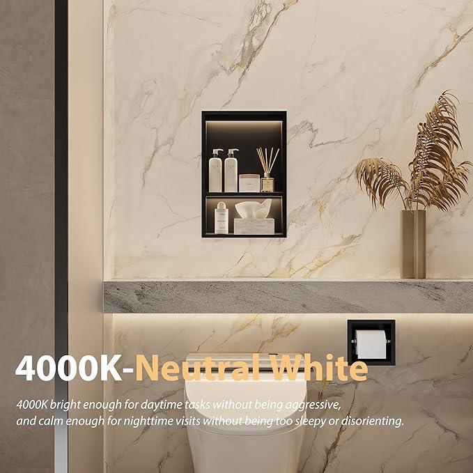Stainless Steel Shower Niche 12" X 18", No Tile Needed Wall Niche with 3 Selectable Color Temperatures Led Light, Recessed Shower Shelf for Bathroom Storage Over Mount Installation, Matte Black - ModernBath