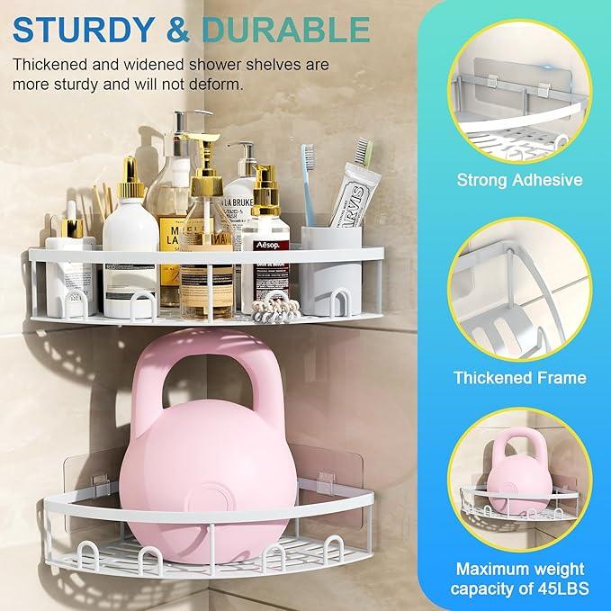 Corner Shower Caddy, 2 Pack Adhesive Bathroom Shower Corner Organizer Shelf, No Drilling Rustproof Wall Mounted Shower Storage Rack Shampoo Holder Organizer (White) - ModernBath