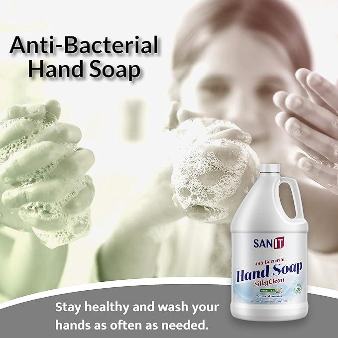 Sanit Silky Clean Antibacterial Liquid Gel Hand Soap Refill - Advanced Formula with Coconut Oil and Aloe Vera - All Natural Moisturizing Hand Wash - Made in USA, White Tea, 1 Gallon - ModernBath