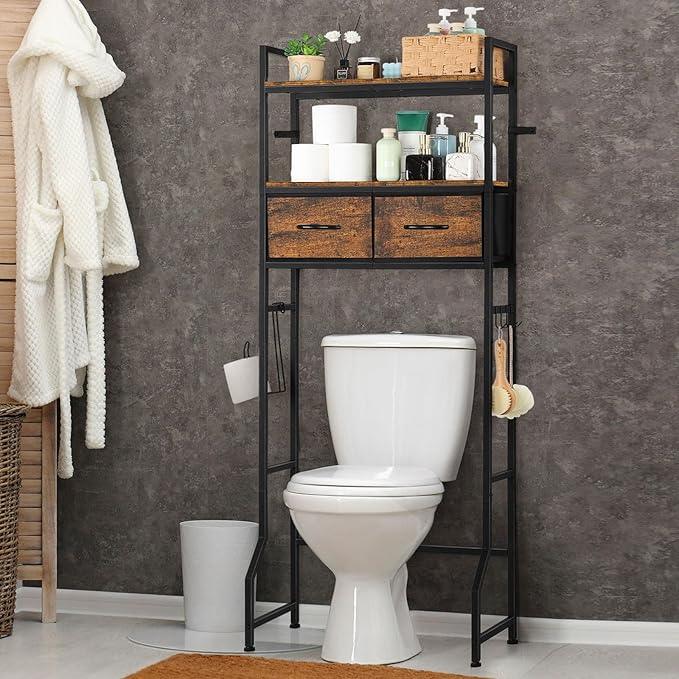 YBING Over The Toilet Bathroom Storage Cabinet for Freestanding, Above Toilet Shelf with Fabric Drawer, Tall Bathroom Shelf Organizer with Toilet Paper Holder, Brown - ModernBath