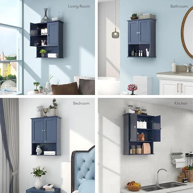 Bathroom Wall Cabinet Navy Blue Over Toilet Storage Cabinets 24x30 in Above Toilet Wood Medicine Cabinets Wall Mounted Bathroom Cabinet with 2 Door & Adjustable Shelf - ModernBath