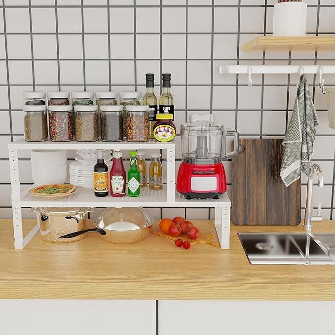 Expandable Cabinet Shelf Organizer Storage Spice Rack Shelves for Kitchen Stackable Adjustable Pantry Cupboard Bathroom Countertop Desktop(2Packs/White/Large-with Hole) - ModernBath