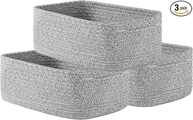 Small Woven Basket, 12 x 8 x 4.5 Inches, Storage Basket for Organizing, Cute Small Rope Shelf Closet Cube Storage Bins Baskets for Shelves, Dog Toy Gift Baskets Empty, 3 Packs, Mixed Grey - ModernBath