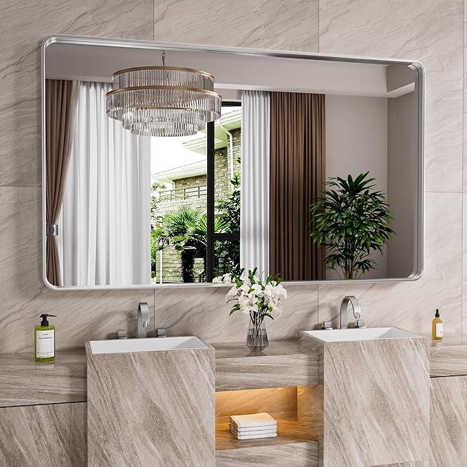 JISOSO Brushed Nickel Bathroom Mirror 60x30 Inch, Brushed Silver Metal Frame Mirror Wall Mounted, Rounded Rectangle Bathroom Vanity Mirror, Tempered Glass, Anti-Rust, Horizontal/Vertical - ModernBath