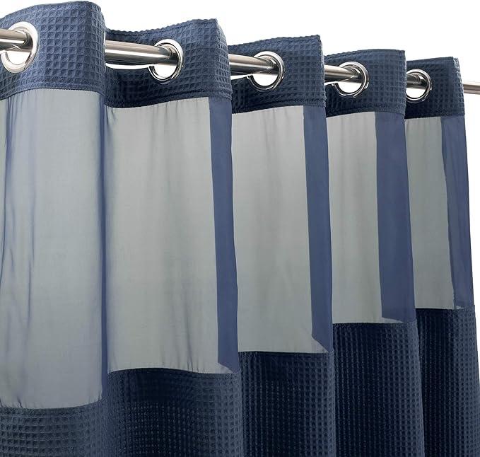 River Dream Navy Blue Fabric Shower Curtain Set, Cotton Blend, Waffle Weave, with Snap in Replacement Liner，54 x 80inches - ModernBath