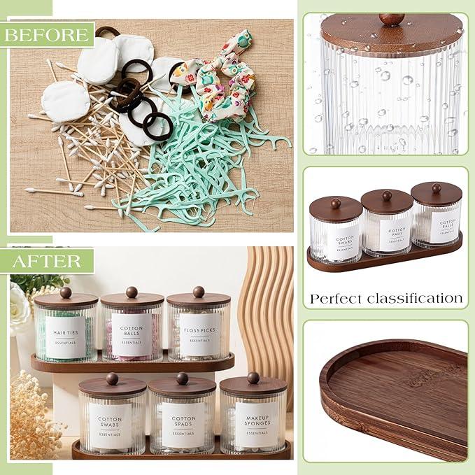 Vesici 6 Pack Bathroom Canisters Ribbed Apothecary Jars with Bamboo Lids 2 Bamboo Trays and 9 Label Stickers Cotton Swabs Holder Bathroom Organizer Storage Set Acrylic 18 oz Dispenser Container(Brown) - ModernBath