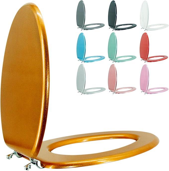 BLOFDE Elongated Toilet Seat Wood Toilet Seat Prevent Shifting with Zinc Alloy Hinges American Standard Size Toilet Seat Easy to Install also Easy to Clean(Elongated,Sparkling Classical Gold) - ModernBath