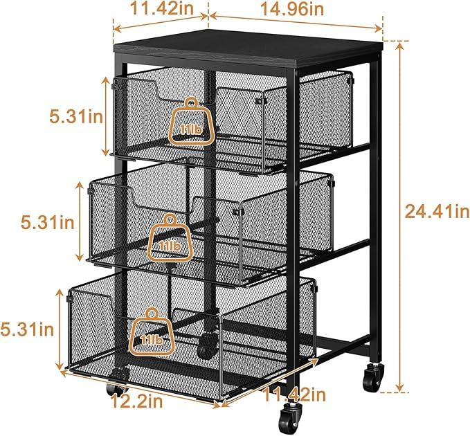 Pantry Organizer and Storage Cart, 3-Tier Kitchen Storage Cart with Drawer, Fruit Vegetable Storage Cart with Wheels, Wooden Top Metal Wire Kitchen Organizer Rack Stand for Food Snack Onion Potato - ModernBath