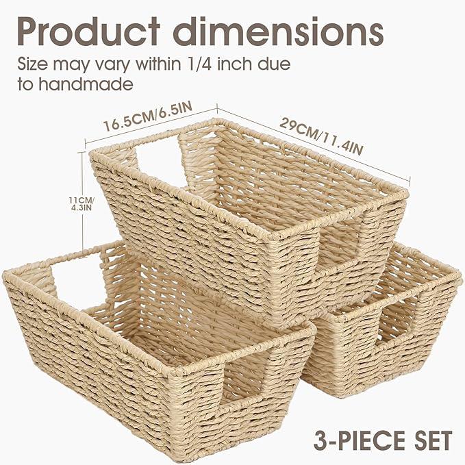 Paper Rope Storage Baskets for Shelves Organizing, Small Hand Woven Wicker Organizer Basket with Handle for Bathroom Toilet Paper Storage, Beige, 3-Pack - ModernBath
