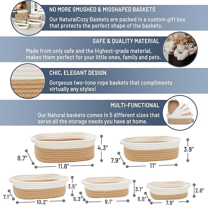 NaturalCozy 5-Piece Rectangle Storage Basket Set- Natural Cotton Rope Woven Baskets for Organizing! Small Basket for Montessori, Baby Nursery, Dog Toy Baskets, Cat Toy Box, Bathroom Organization Bin - ModernBath