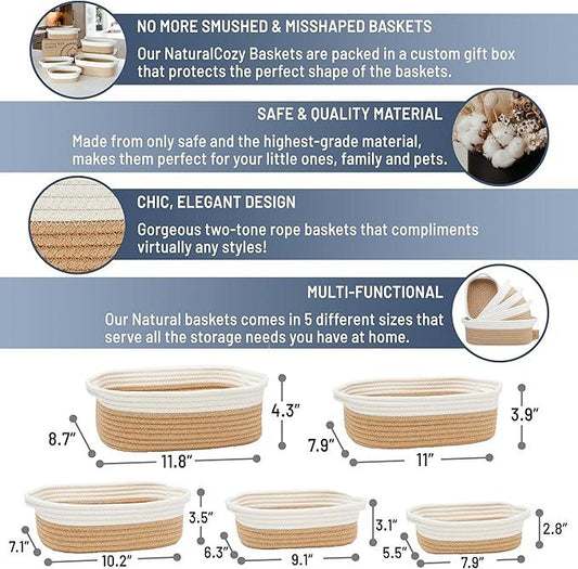 NaturalCozy 5-Piece Rectangle Storage Basket Set- Natural Cotton Rope Woven Baskets for Organizing! Small Basket for Montessori, Baby Nursery, Dog Toy Baskets, Cat Toy Box, Bathroom Organization Bin - ModernBath