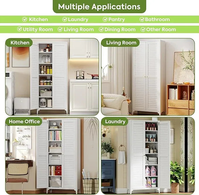 74" H Kitchen Pantry Storage Cabinet, Metal Storage Cabinets with 5 Adjustable Shelves for Kitchen Bathroom Living Room, Required Assembly, White - ModernBath