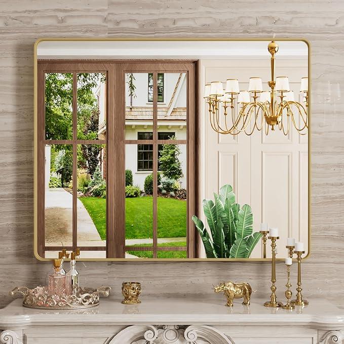 JISOSO Gold Bathroom Mirror, 40x32 Inch Brushed Gold Metal Frame Mirror for Wall, Rounded Rectangle Bathroom Vanity Mirror, Tempered Glass, Anti-Rust, Horizontal/Vertical - ModernBath