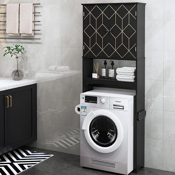 Over The Toilet Storage Cabinet with Gold Trim, Modern Bathroom Organizer Over Toilet with Adjustable Shelves and Toilet Paper Holder for Bathroom (Black) - ModernBath