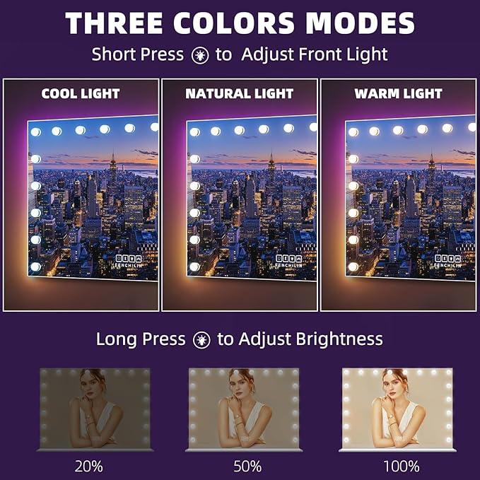 FENCHILIN 32 x 23 Inch RGB LED Vanity Mirror with Light and RGB Backlit Hollywood Lighted Makeup Mirror, Smart Touch Control Light Mirror with Memory Function - ModernBath