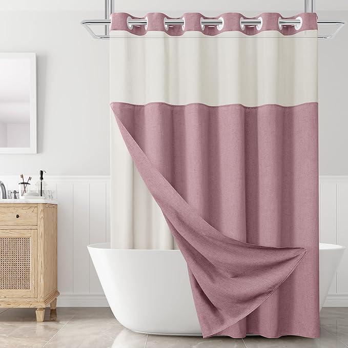 Blush Pink No Hooks Linen Shower Curtain with Snap in Liner Set Rustic Farmhouse Shower Curtains for Bathroom Cream Burlap Cloth Double Bath Curtains with See Through Top Window 72x75 - ModernBath