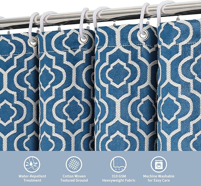 MitoVilla Modern Farmhouse Shower Curtain Set 72 x 78, Blue Boho 78 inch Long Cotton Tassel Fabric Shower Curtain Set for Geometric Cottagecore French Rustic Bathroom Decor - ModernBath