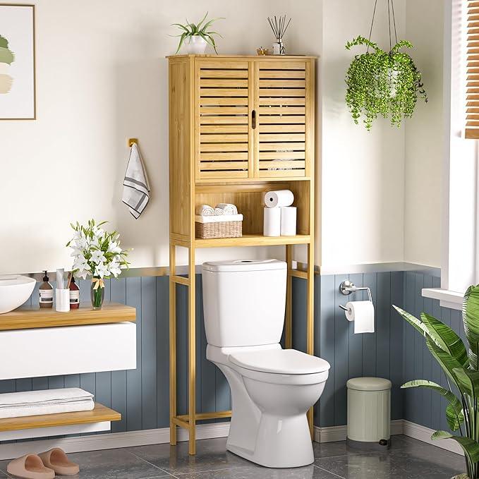 MUPATER 67" H Bathroom Over The Toilet Storage Cabinet with Doors and Shelves, Bamboo Over Toilet Organizer, Freestanding Tall Space Saver Toilet Rack, Natural Wood - ModernBath