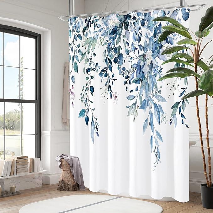 Gibelle Blue Eucalyptus Shower Curtain, Watercolor Plant Leaves with Floral Bathroom Shower Curtain Set, 72x72 - ModernBath
