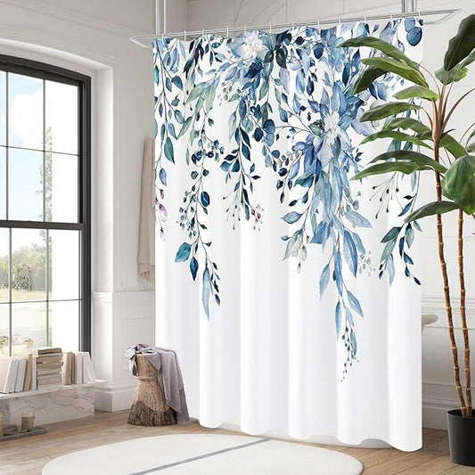 Gibelle Blue Eucalyptus Shower Curtain, Watercolor Plant Leaves with Floral Bathroom Shower Curtain Set, 72x72 - ModernBath