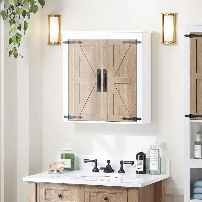 Spirich Bathroom Wall Cabinet Over Toilet, Farmhouse Wall Mounted Medicine Cabinet Organizer with Wood Grain Barn Doors and Adjustable Shelves - ModernBath